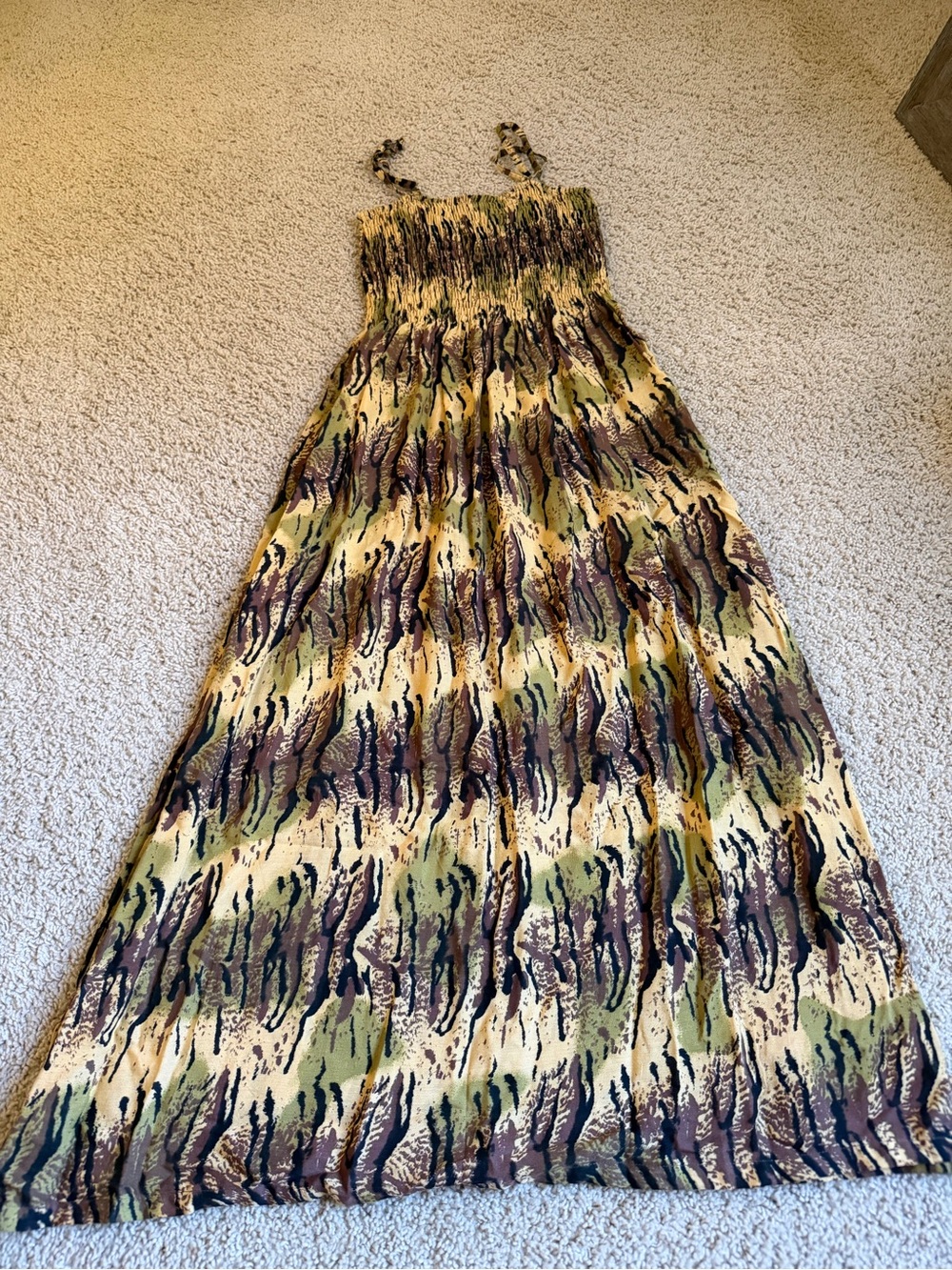 Sleeveless Smocked Maxi Dress in Olive & Brown